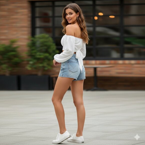 Women’s Blouse Top Cropped Wrap Tie up Off the shoulders Long Sleeve White Sz S - Picture 12 of 12